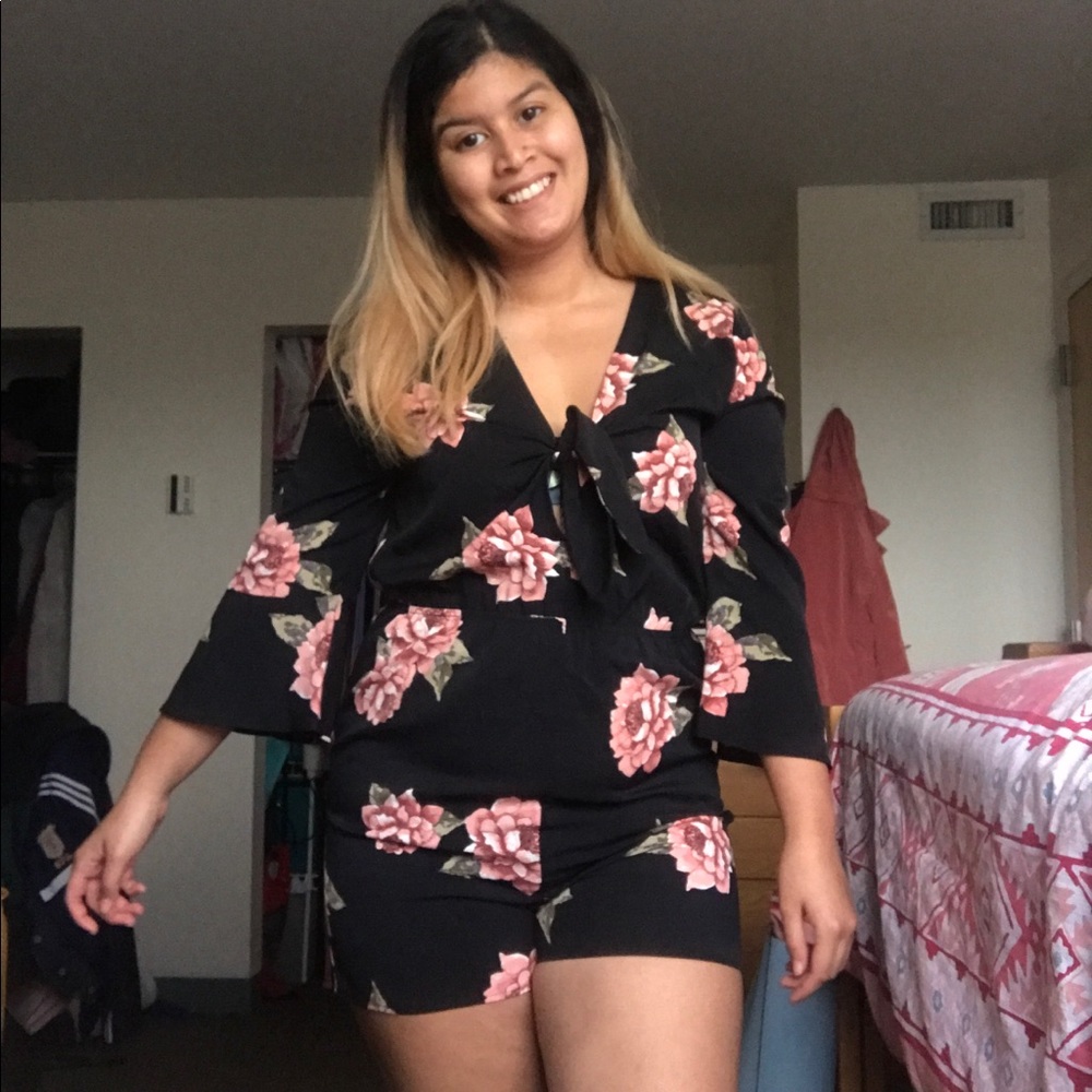 Black floral tie front romper